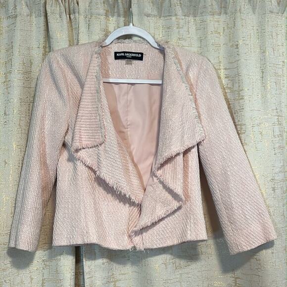 Karl Lagerfeld Open Front Blazer Tweed Pink 100% Cotton Shell Women's Size XS  ! - Picture 1 of 5
